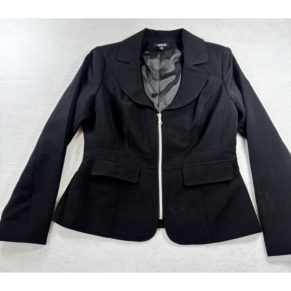 Metrostyle Womens Size 10‎ Fitted Blazer Full Zip Rounded Collar Black